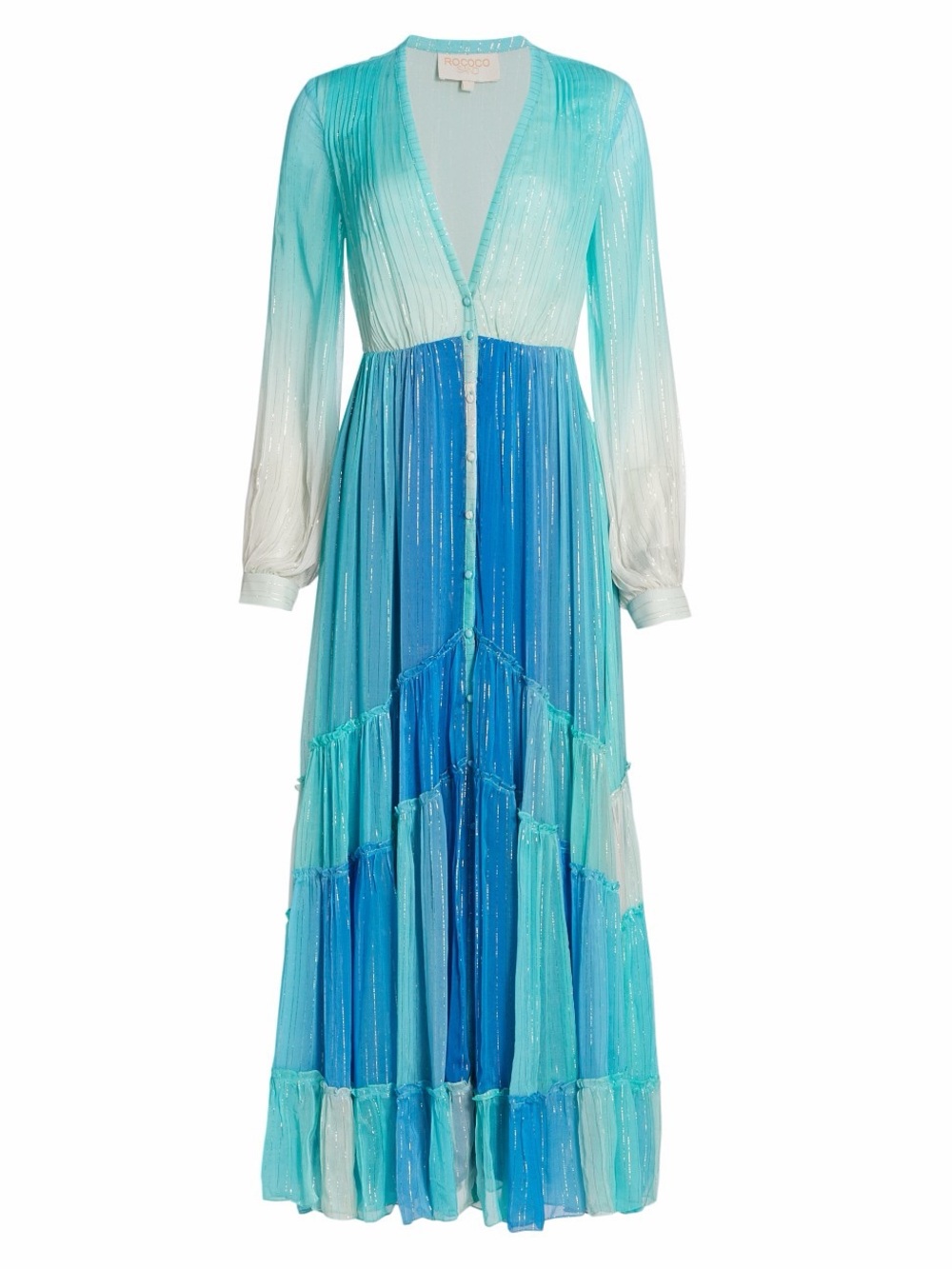 Rococo Sand Aqua to Deep Blue Ombre Pleated Maxi Dress